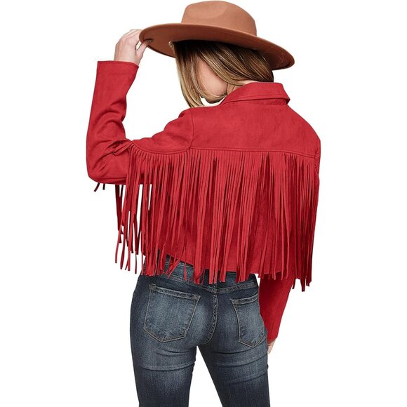 Women's Red Fringe Faux Suede Leather Tassel Motorcycle Cropped Jackets - Picture 1 of 9